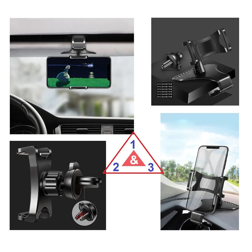 3 in 1 Car GPS Smartphone Holder: Dashboard / Visor Clamp   AC Grid Clip for Gionee M6, Marathon M6 - Black