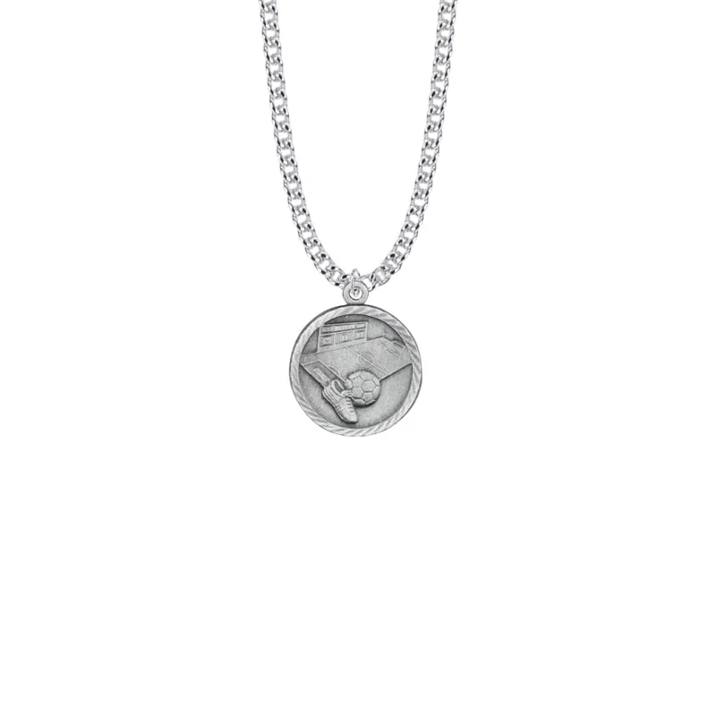 7/8 Inch Pewter Round Soccer Medal with Cross on Back