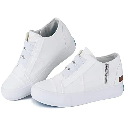 JENN ARDOR Women's Fashion Sneakers Hidden Wedges High Top Zipper Elastic Platform Sneakers Ladies Walking Casual Canvas Slip On Comfortable Shoes A-White
