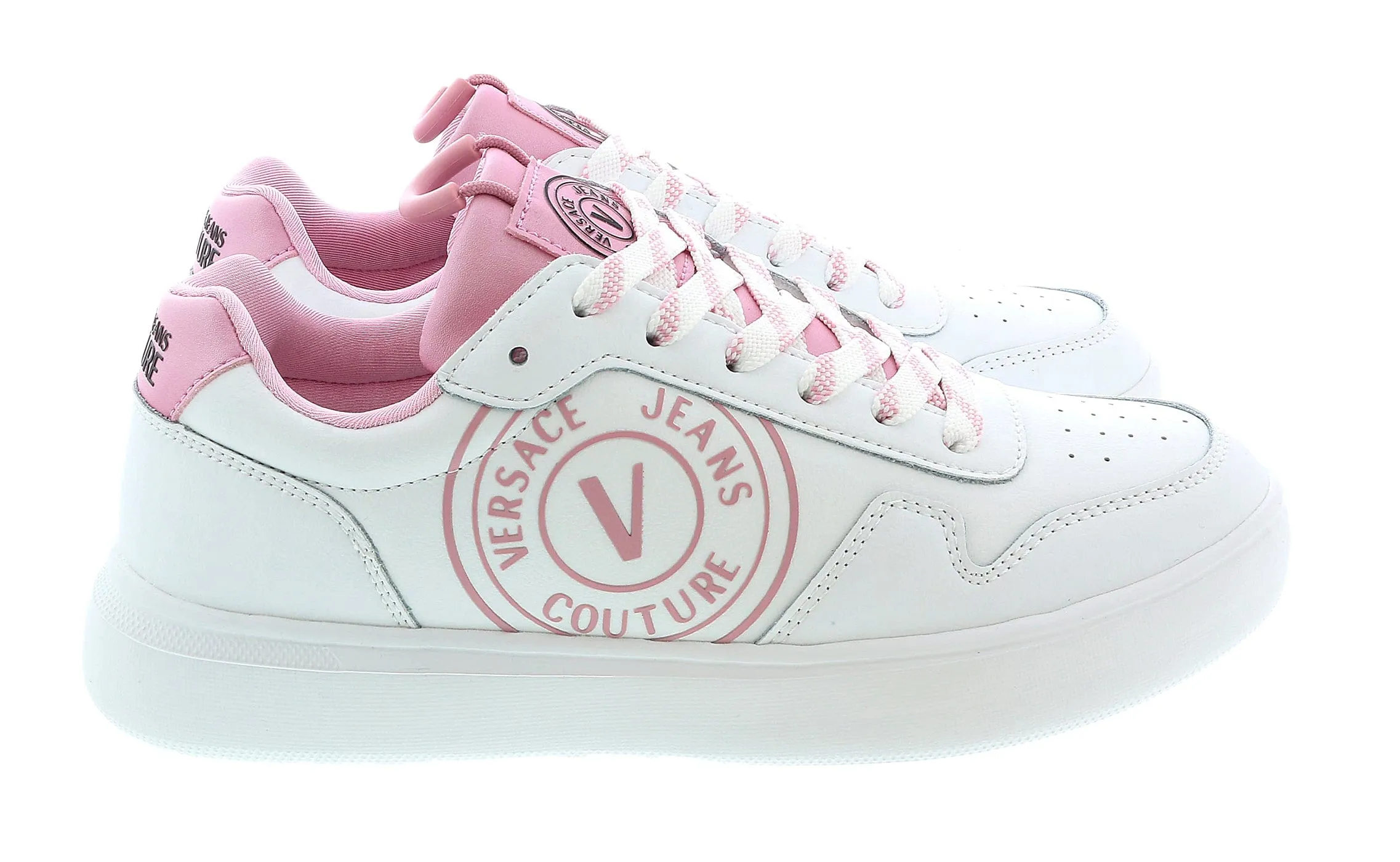 Versace Jeans Couture White/Pink V-Logo Court Lace Up Sneakers-