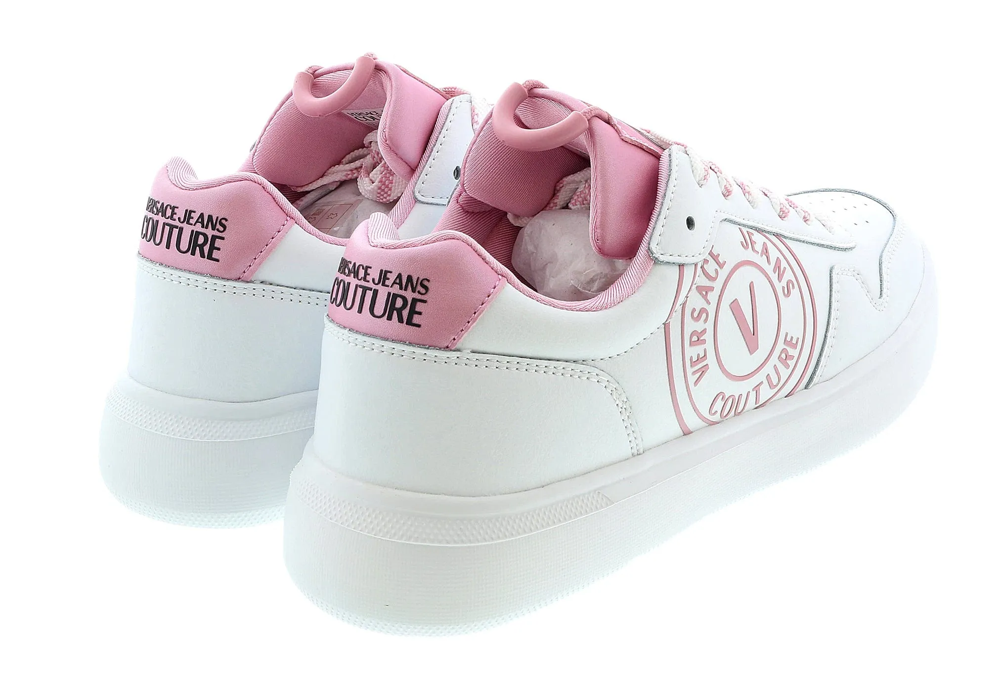 Versace Jeans Couture White/Pink V-Logo Court Lace Up Sneakers-